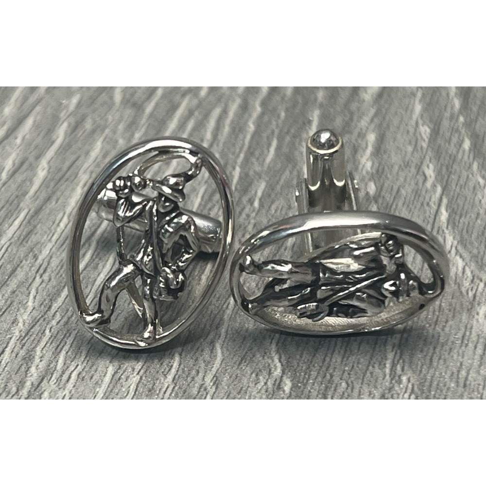 Silver Tone Cufflinks Fisherman Hat Basket Figural Oval Design Fashion